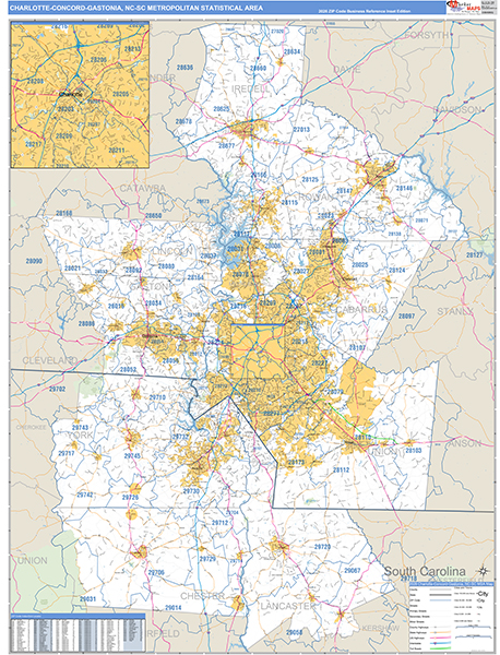 Charlotte-Concord-Gastonia Metro Area Wall Map Basic Style